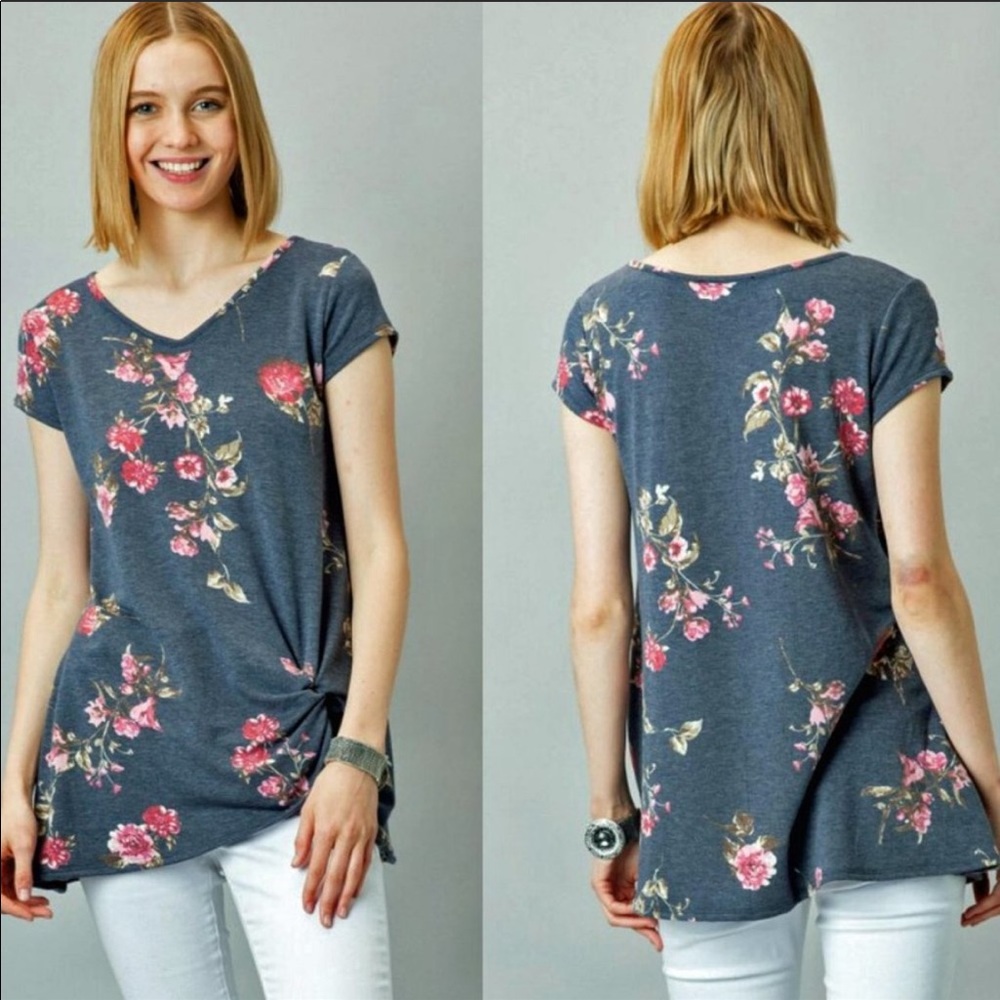Floral side knot v-neck top